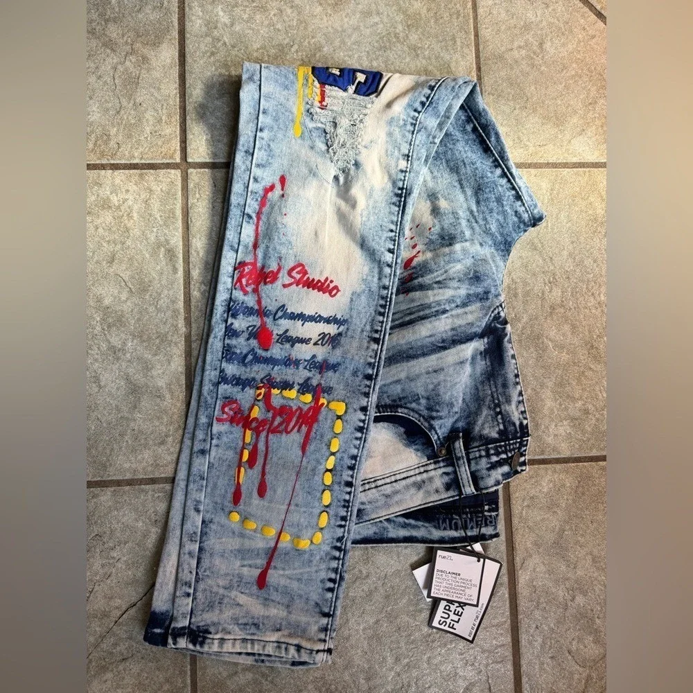 Men's rue21 Premium Supreme Flex‎ Skinny Jeans Graphic Paint Splatter NWT 32x34